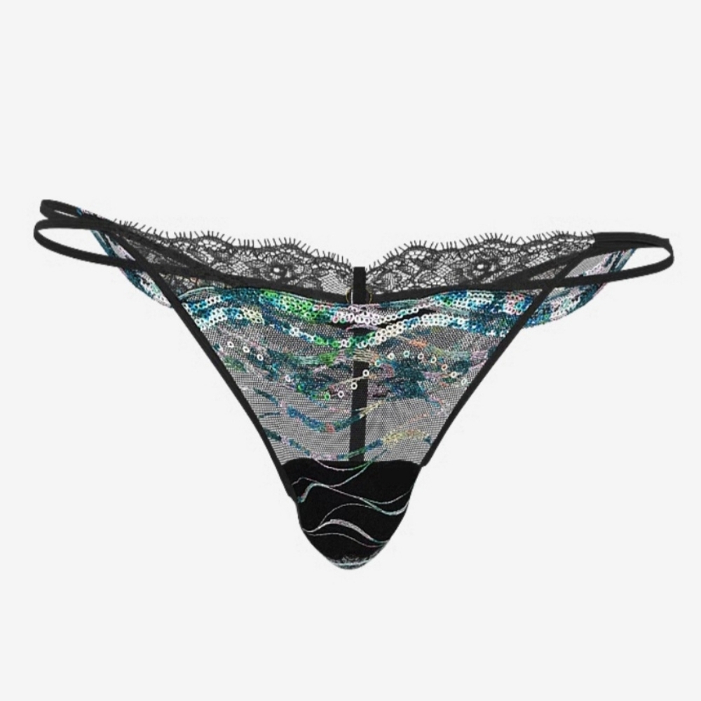 Victoria Secret Siren Shimmer Embroidery High-Leg V- String Panty Size L - NWT